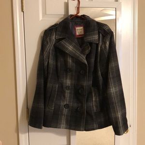 NEW gray / white plaid button up pea coat